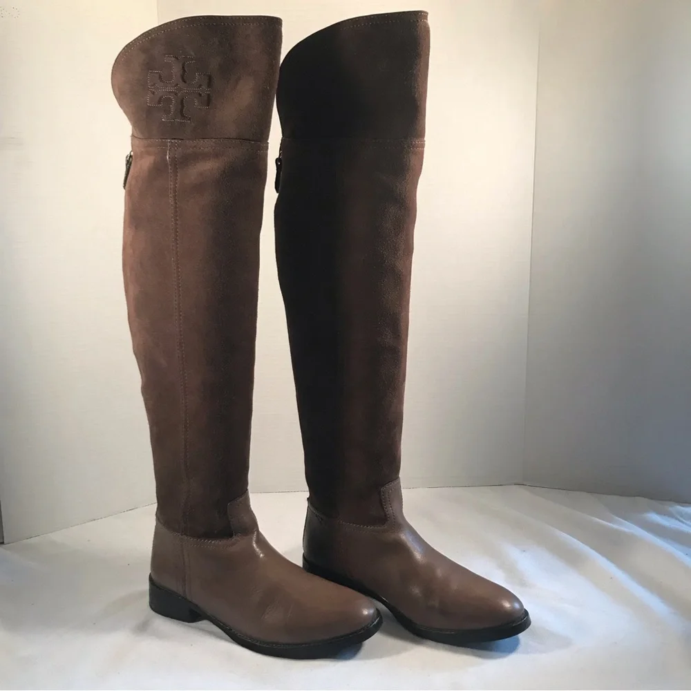 Tory Burch Simone Brown Suede Over The Knee Riding Style With Large  Logo Boots